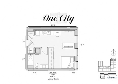 Floor plan for studio, 1 bath, 447 sqft