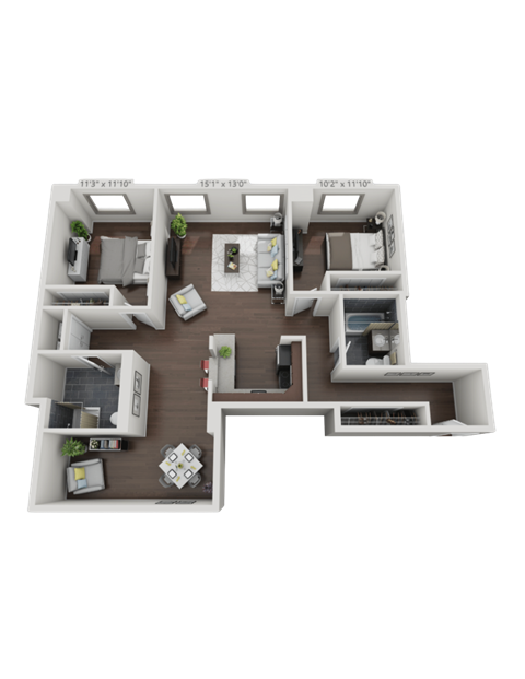 Floor plan for 2 beds, 2 baths, 1277 sqft