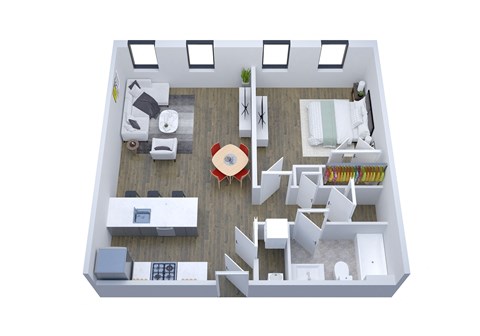 Floor plan for 1 bed, 1 bath, 741 sqft