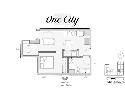 Floor plan for 1 bed, 1 bath, 509 sqft