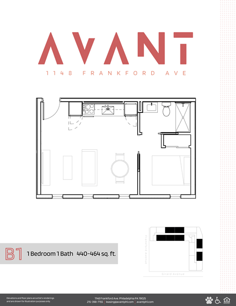 Floor plan for 1 bed, 1 bath, 464 sqft