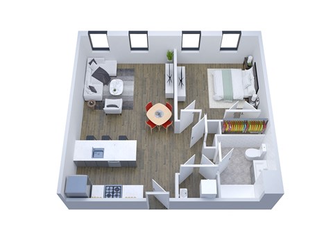Floor plan for 1 bed, 1 bath, 741 sqft