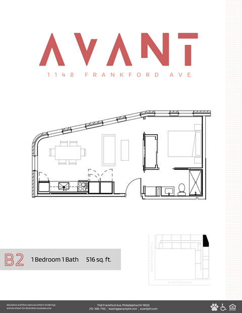 Floor plan for 1 bed, 1 bath, 516 sqft