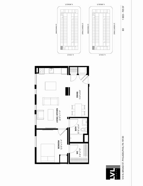 Floor plan for 1 bed, 1 bath, 705 sqft