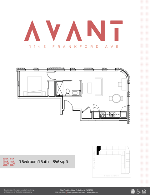 Floor plan for 1 bed, 1 bath, 546 sqft
