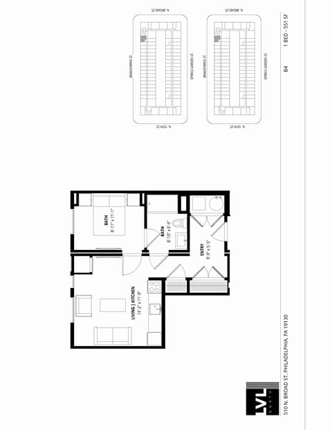Floor plan for 1 bed, 1 bath, 551 sqft