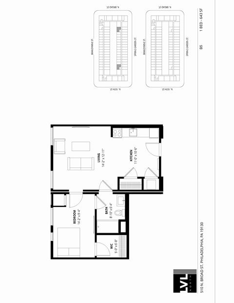 Floor plan for 1 bed, 1 bath, 643 sqft