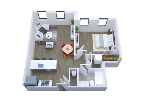 Floor plan for 1 bed, 1 bath, 664 sqft
