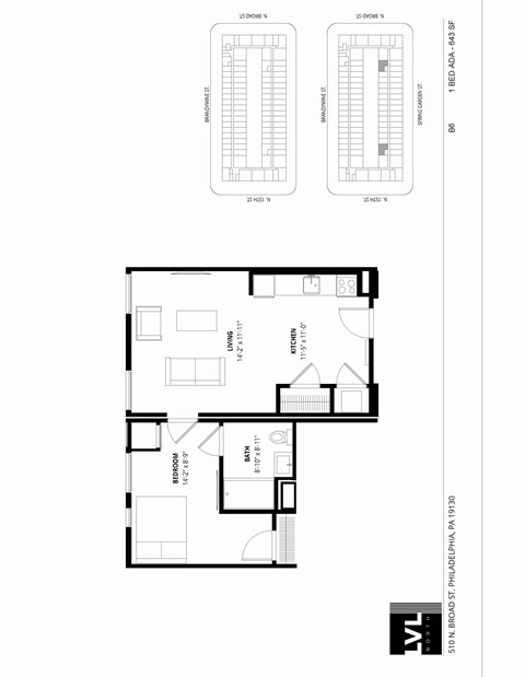 Floor plan for 1 bed, 1 bath, 643 sqft