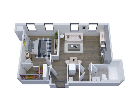 Floor plan for 1 bed, 1 bath, 608 sqft