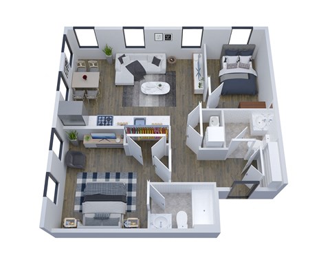 Floor plan for 1 bed, 1.5 baths, 765 sqft