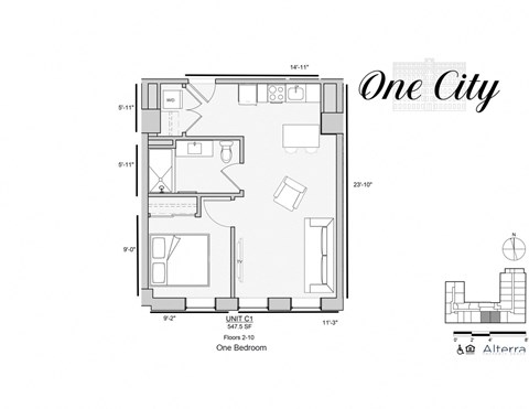 Floor plan for 1 bed, 1 bath, 548 sqft