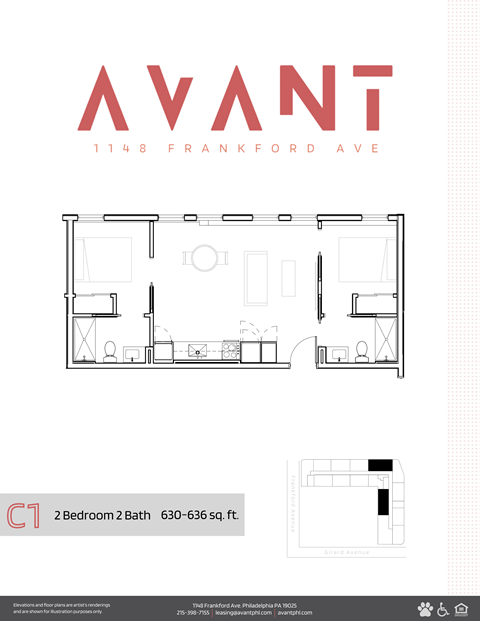 Floor plan for 2 beds, 2 baths, 646 sqft
