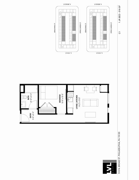 Floor plan for 1 bed, 1 bath, 518 sqft