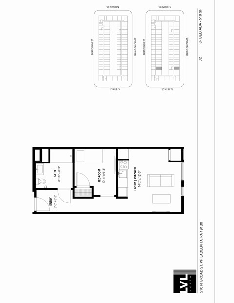 Floor plan for 1 bed, 1 bath, 518 sqft