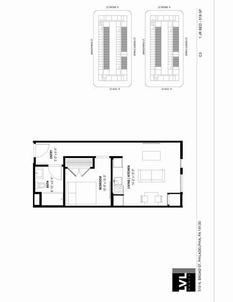 Floor plan for 1 bed, 1 bath, 518 sqft