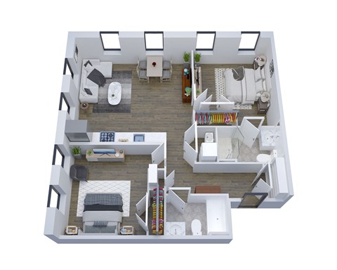 Floor plan for 2 beds, 2 baths, 975 sqft