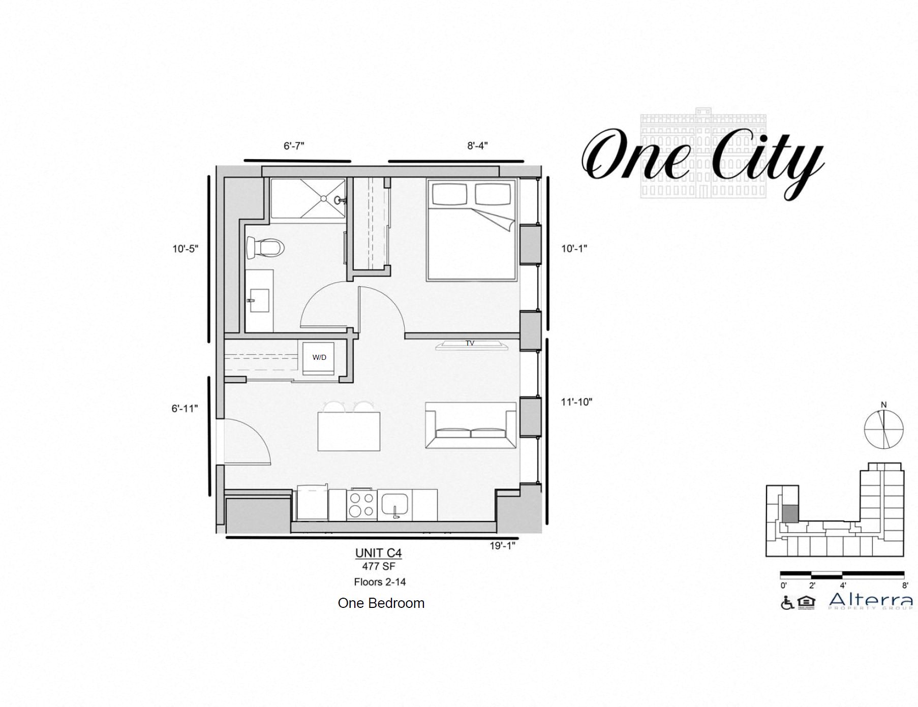 Floor plan for 1 bed, 1 bath, 477 sqft