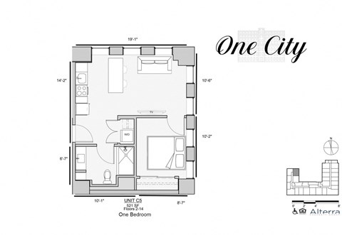 Floor plan for 1 bed, 1 bath, 521 sqft