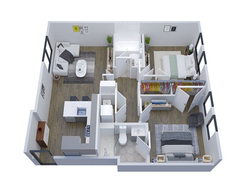 Floor plan for 2 beds, 2 baths, 845 sqft