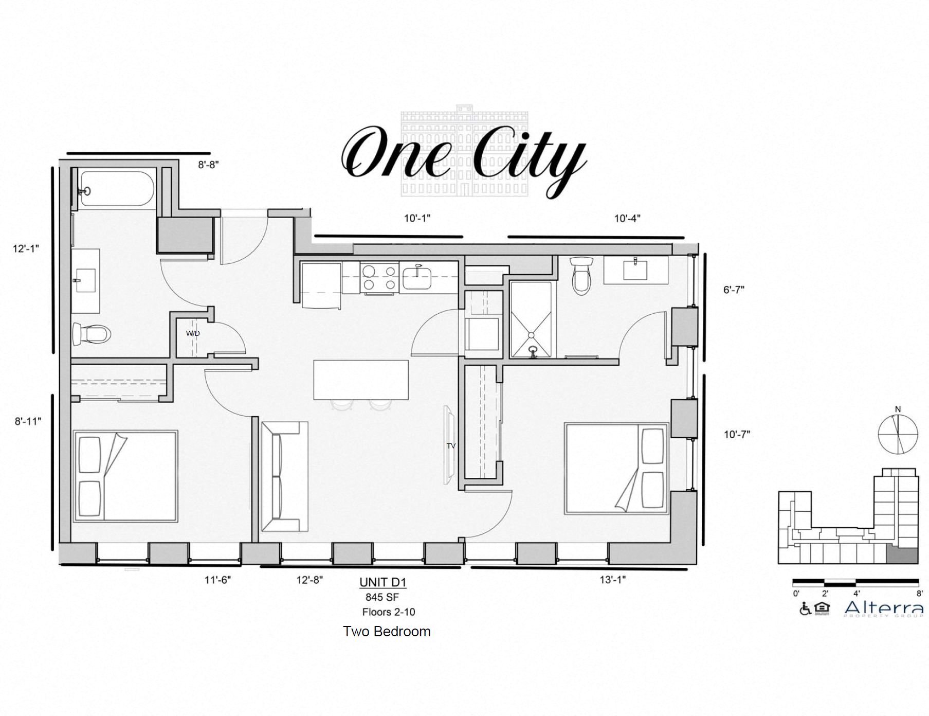 Floor plan for 2 beds, 2 baths, 845 sqft