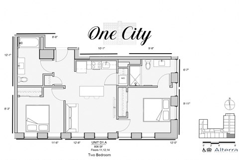 Floor plan for 2 beds, 2 baths, 845 sqft
