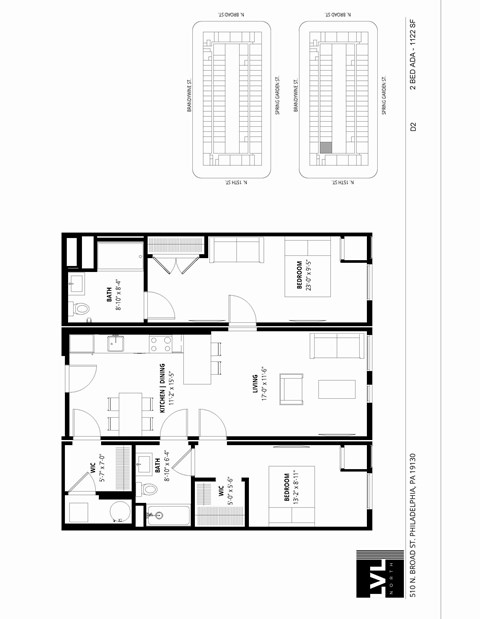 Floor plan for 2 beds, 2 baths, 1122 sqft