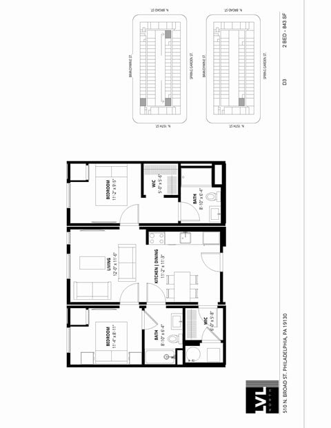 Floor plan for 2 beds, 2 baths, 843 sqft