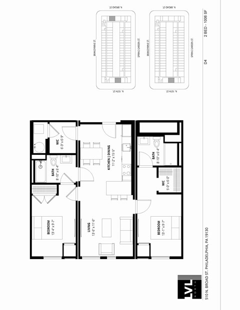 Floor plan for 2 beds, 2 baths, 1006 sqft