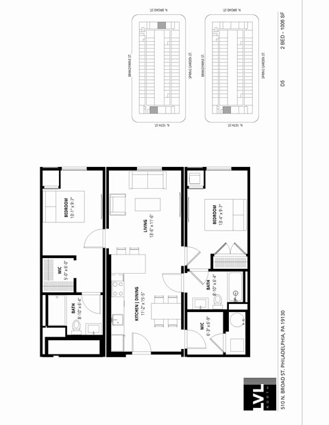 Floor plan for 2 beds, 2 baths, 1006 sqft
