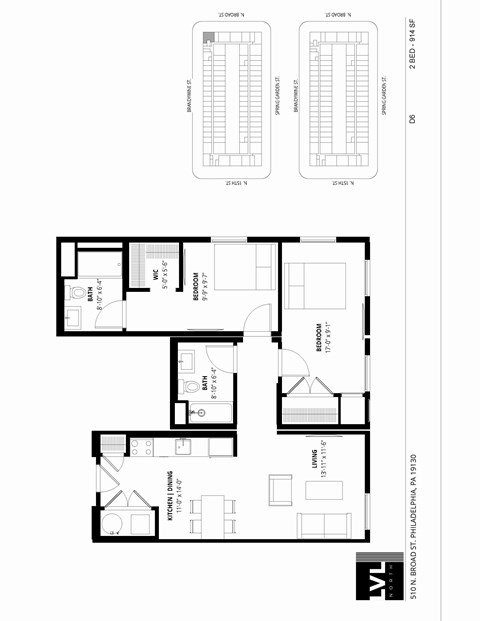 Floor plan for 2 beds, 2 baths, 914 sqft