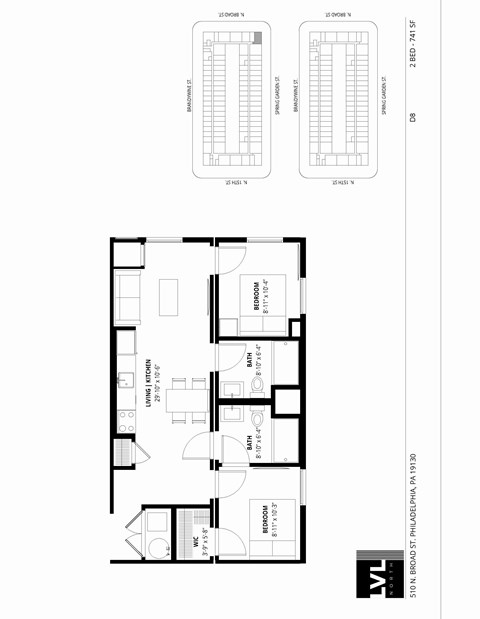 Floor plan for 2 beds, 2 baths, 741 sqft