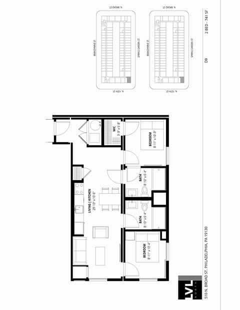 Floor plan for 2 beds, 2 baths, 741 sqft