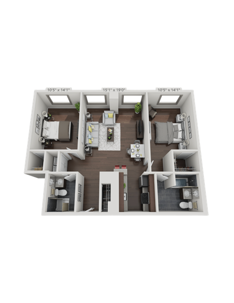 Floor plan for 2 beds, 2 baths, 1024 sqft
