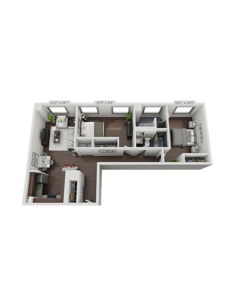 Floor plan for 2 beds, 2 baths, 1010 sqft