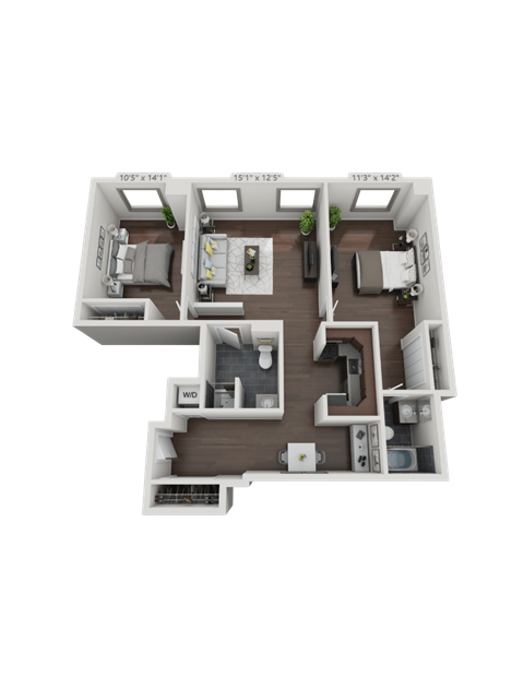 Floor plan for 2 beds, 2 baths, 1079 sqft