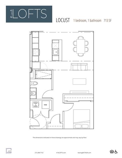 Floor plan for 1 bed, 1 bath, 713 sqft