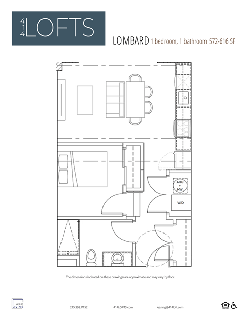 Floor plan for 1 bed, 1 bath, 572 sqft
