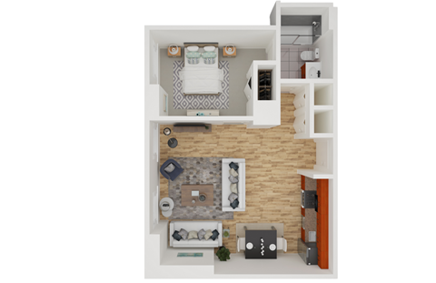 Floor plan for 1 bed, 1 bath, 586 sqft