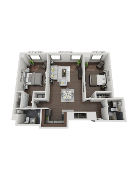 Floor plan for 2 beds, 2 baths, 1141 sqft
