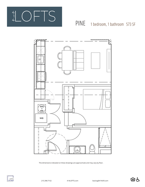 Floor plan for 1 bed, 1 bath, 572 sqft