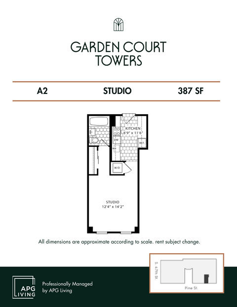 Floor plan for studio, 1 bath, 387 sqft
