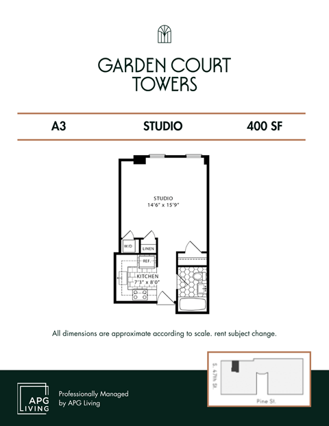 Floor plan for studio, 1 bath, 400 sqft