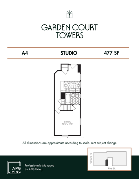 Floor plan for studio, 1 bath, 477 sqft