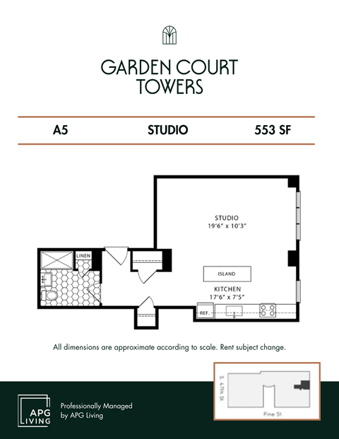 Floor plan for studio, 1 bath, 553 sqft