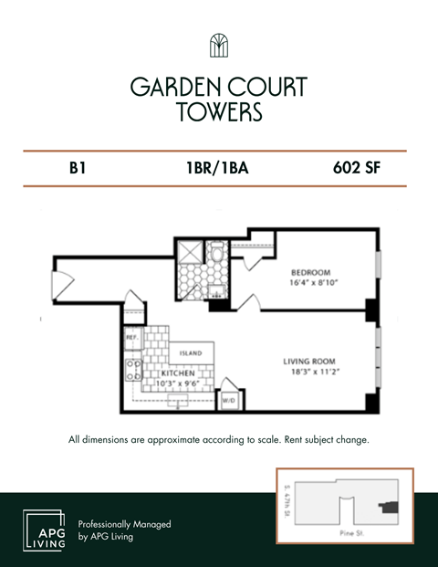 Floor plan for 1 bed, 1 bath, 602 sqft
