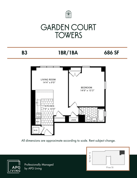 Floor plan for 1 bed, 1 bath, 686 sqft