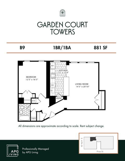 Floor plan for 1 bed, 1 bath, 881 sqft