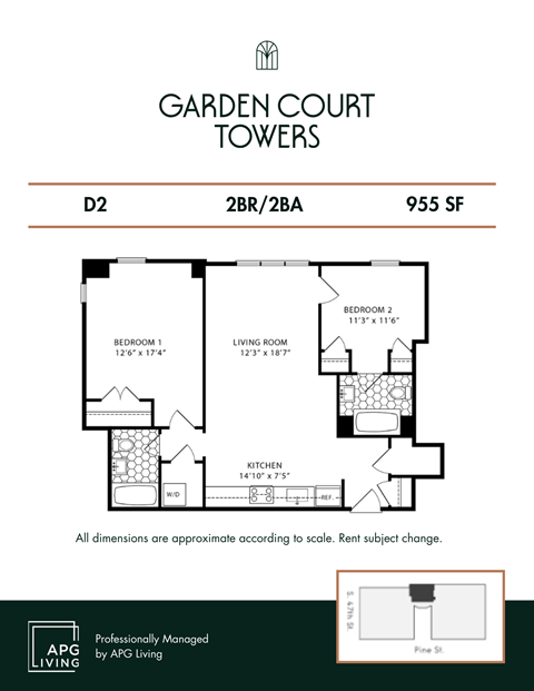 Floor plan for 2 beds, 2 baths, 955 sqft