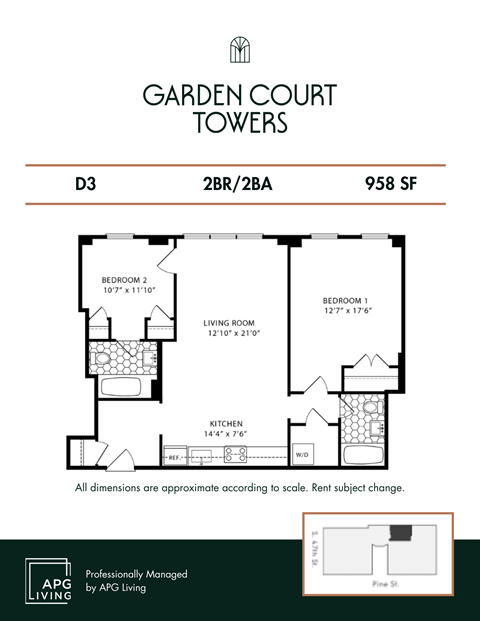 Floor plan for 2 beds, 2 baths, 958 sqft